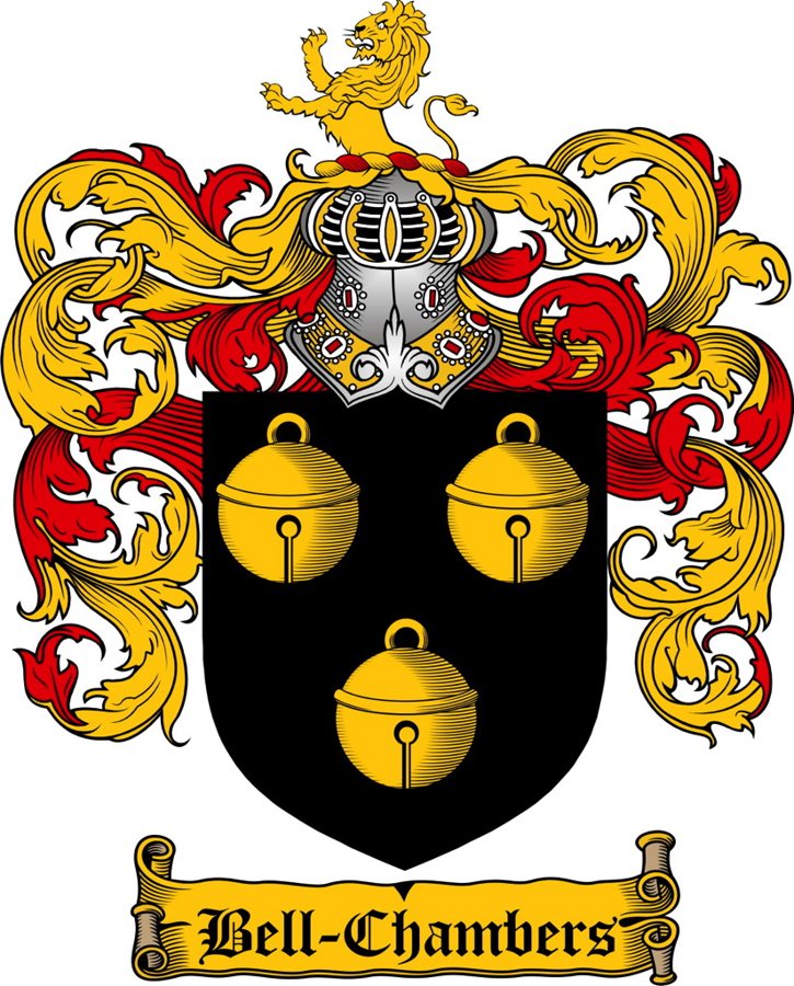 Familienwappen Bell-Chambers: schwarzer Schild mit drei goldenen Glocken, Helm und Löwe